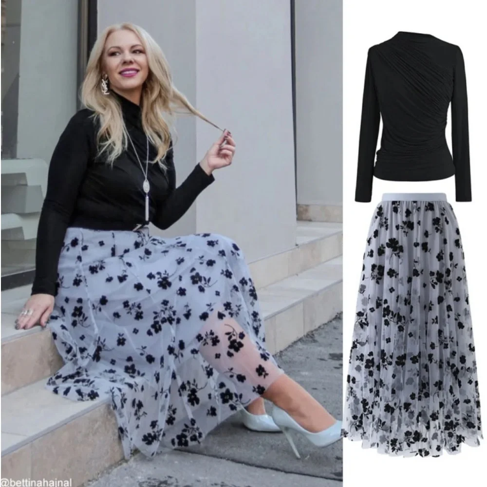 NWOT Chicwish 3D POSY LINED DOUBLE-LAYERED MESH MIDI SKIRT IN DUSTY BLUE XS - Picture 3 of 14